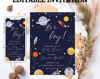 Space Baby Shower Invitation Template: Galaxy Planets, Stars (Instant Download)