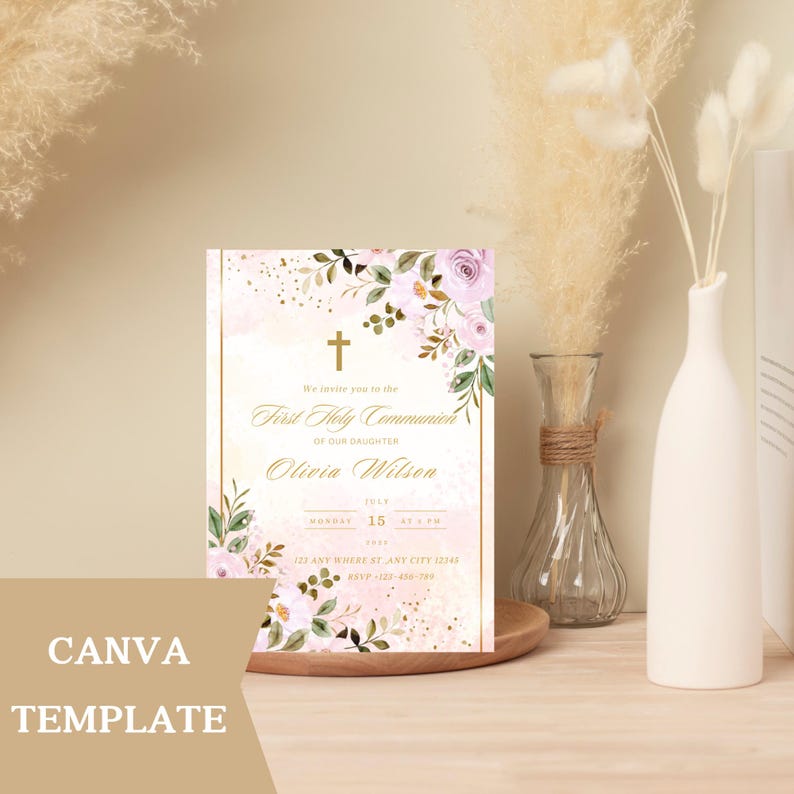 Blush Pink Floral Communion Invitation Template: Editable Girl Invite ...