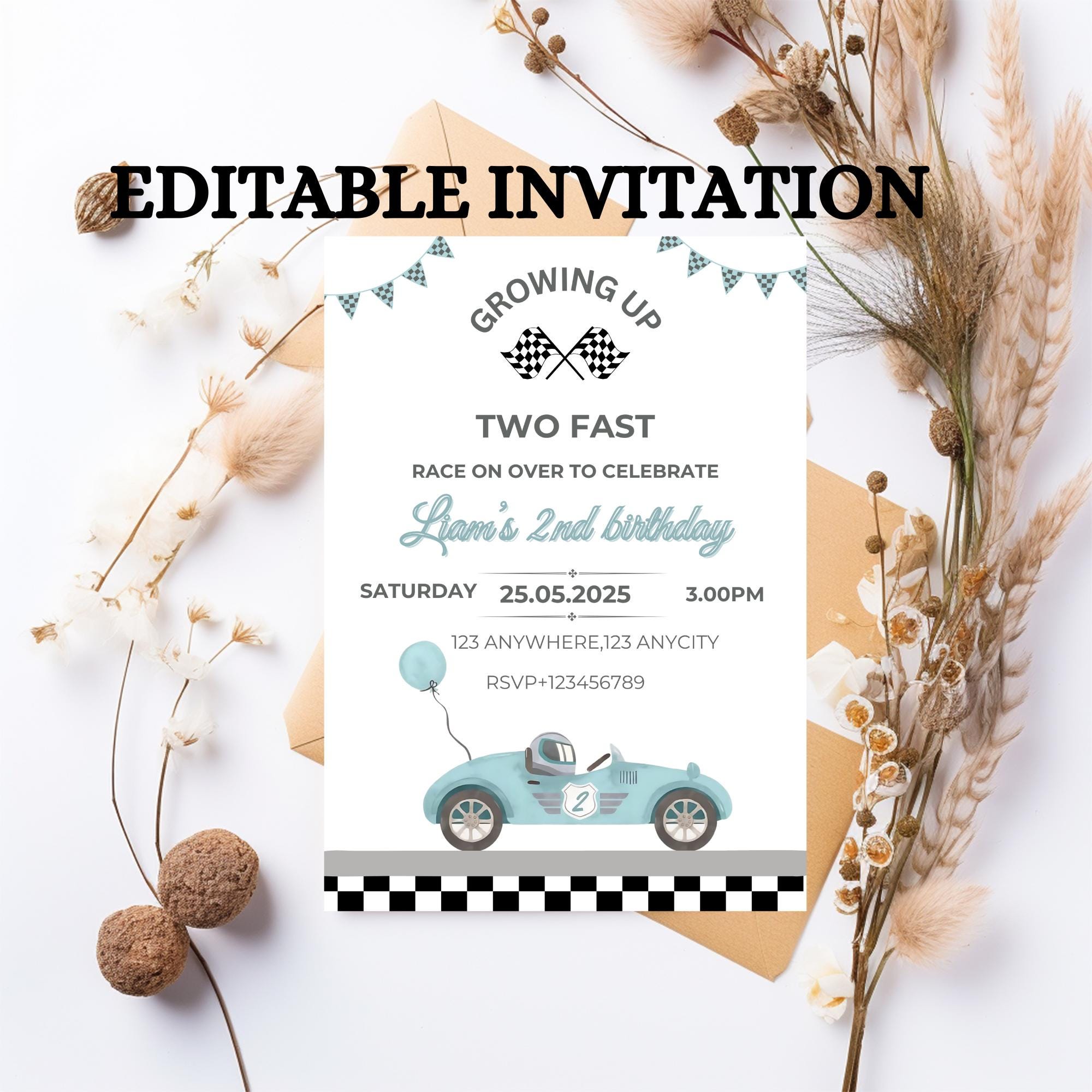 TWEE snelle verjaardagsuitnodiging vintage raceauto verjaardag twee snelle verjaardagsuitnodiging retro raceauto verjaardag bewerkbare digitale downloaduitnodiging