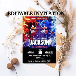 3 Faire-part d'anniversaire Sonic, Super Hedgehog Boys, faire-part de fête Super Sonic, Invitation de fête Super Sonic, modèle d'invitation Sonic modifiable, modèle Canva
