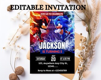 Sonic Birthday Invitation: Super Hedgehog Party, Editable Canva Template