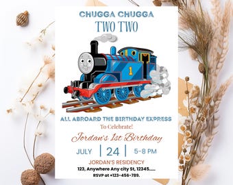 Afdrukbare Thomas-trein verjaardagsuitnodiging, bewerkbare Thomas-feestuitnodiging, feestvarken, 1e eerste verjaardag, 2e tweede partij Chugga Chugga Choo