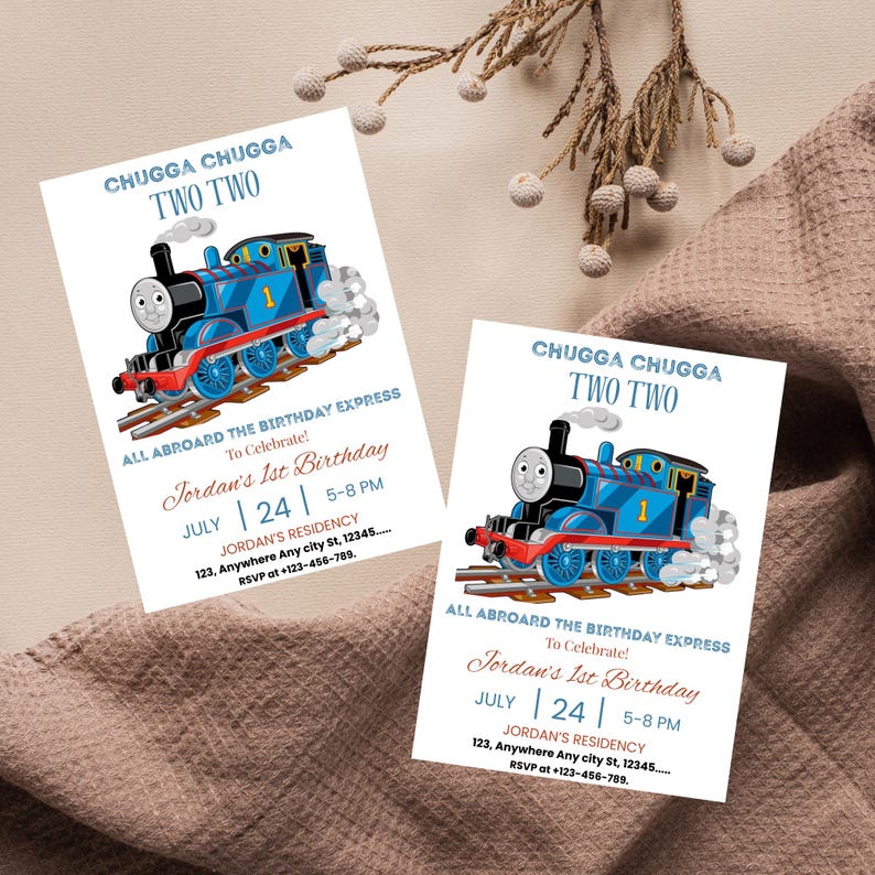 May include: Two birthday invitations featuring a blue cartoon train with the text "CHUGGA CHUGGA TWO TWO". The invitations read "All Aboard The Birthday Express To Celebrate! Jordan's 1st Birthday" with date and time details.