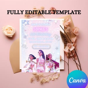 May include: A birthday invitation template with the text "FULLY EDITABLE TEMPLATE" at the top. The invitation is for Sophia's 6th birthday, with event details and an RSVP. The design features three cartoon characters and decorative elements on a pink background.