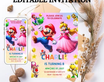Super Mario-verjaardagsuitnodiging | Bewerkbare canva-sjabloon (digitale download)