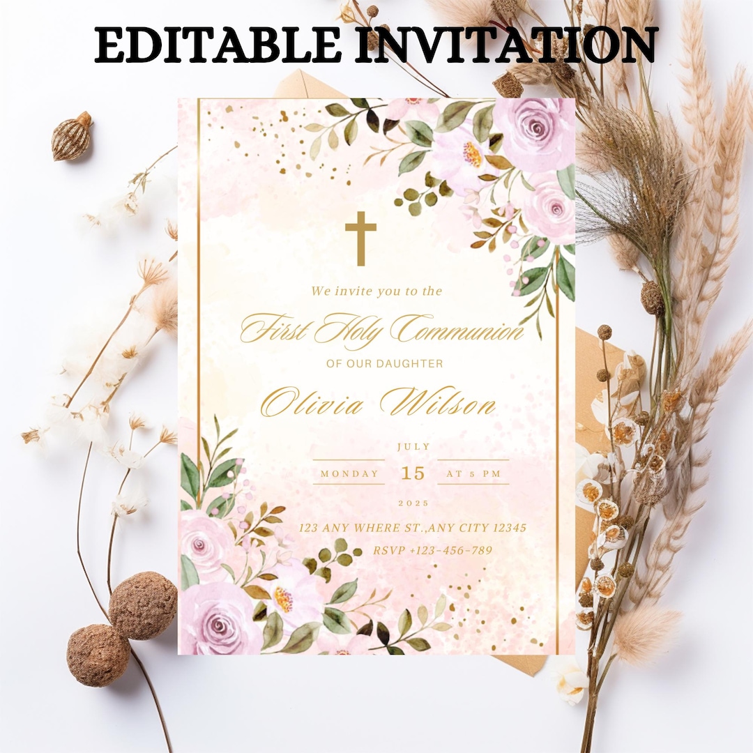 Blush Pink Floral Communion Invitation Template: Editable Girl Invite ...