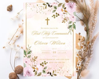 Blush Pink Floral Communion Invitation Template: Editable Girl Invite (Digital Download)