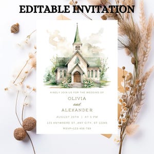 May include: A watercolor-style wedding invitation featuring a church with a green steeple and roof. The invitation includes the text "EDITABLE INVITATION" at the top, and details for Olivia and Alexander's wedding, including the date, time, and RSVP information.