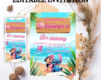Convite de aniversário Lilo & Stitch: modelo editável do Canva (5 x 7 polegadas, download digital)