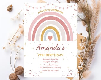 May include: An invitation with the text "EDITABLE INVITATION" at the top. The design features a pastel rainbow, stars, and the text "Join us to celebrate." Below is "Amanda's 7TH BIRTHDAY" with event details.