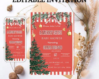 Puede incluir: Una invitación a un baby shower con temática navideña, con un fondo rojo y decoraciones festivas. La invitación incluye el texto "A Merry Little Baby Shower" y los detalles del baby shower de Emma Wilson. Un smartphone muestra la misma invitación.