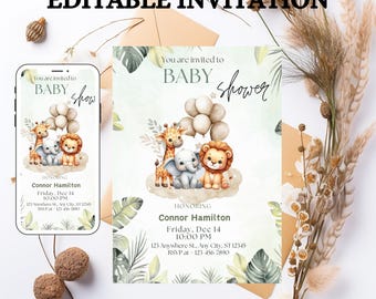 Puede incluir: Una invitación a un baby shower con un diseño de acuarela. La invitación presenta una jirafa, un elefante y un león en una nube con globos. Se muestra el texto "You are invited to BABY shower". La invitación también incluye el nombre del homenajeado, la fecha, la hora y la información de RSVP.