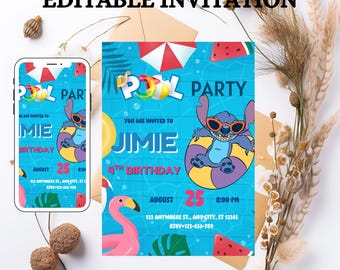 Stitch Pool Party Invitation: Editable Hawaii Birthday Template (5x7 inch, Digital Download