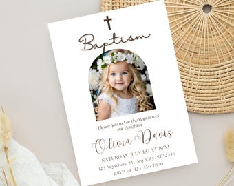 Girl Baptism Invitation Template, Minimalist Photo Invite (Instant Download)