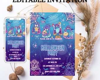 Editable Neon Halloween Birthday Invitation, Halloween Invitation Kids Halloween Birthday Halloween Spooky Party Invite, Neon Glow Halloween