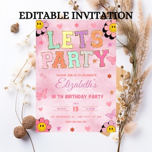 Invitación con parche, invitación de cumpleaños para niña, fiesta universitaria con parches, invitación preppy, Canva editable