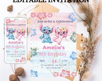 Invitación de cumpleaños de Stitch y Ángel, editable (digital)