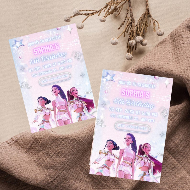 May include: Two birthday party invitations with a pastel pink and blue gradient background. The invitations read "Join us to celebrate Sophia's 6th Birthday" with event details and a graphic of three girls.