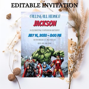 Modelo de convite de aniversário de super-heróis editável, convites para festa de aniversário para imprimir, convite digital para festa, cartão de aniversário para download instantâneo