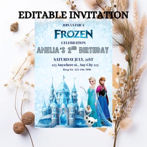Bewerkbare Frozen-verjaardagsuitnodiging: Elsa en Anna, 4e verjaardag (digitale download)