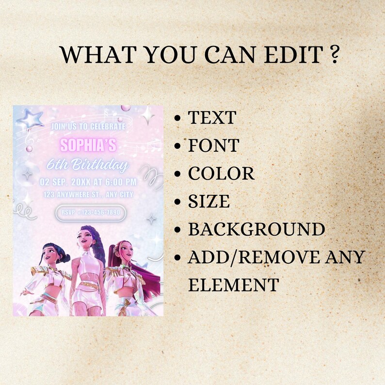 May include: A digital birthday invitation with the text "SOPHIA'S 6th Birthday". The invitation features a light blue and pink color scheme, with the words "WHAT YOU CAN EDIT?" at the top. The invitation includes a graphic of three people.
