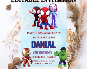 Watercolor Spidey and Friends Birthday Invitation: Editable Canva Template (Digital Download