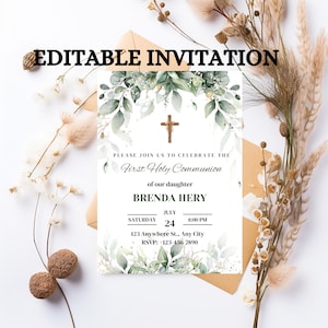 May include: Editable invitation for a First Holy Communion with a watercolor floral design and a gold cross. The invitation includes the name Brenda Hery, the date July 24th, and the time 8:00 PM. The address is 123 Anywhere St., Any City. The RSVP number is 123-456-7890.