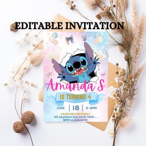 Stitch Birthday Party Invitation Template | Editable Cartoon Bday Evite & Fun Canva Design for Kids Party, Instant Download