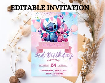 Verjaardagsuitnodiging Stitch and Angel: bewerkbare en afdrukbare sjabloon – prachtige uitnodiging voor de verjaardag van je kleintje, bewerkbaar op canvas