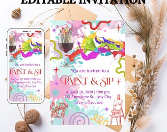 Paint and Sip Party Einladung, bearbeitbar Geburtstag einladen (digitaler Download)