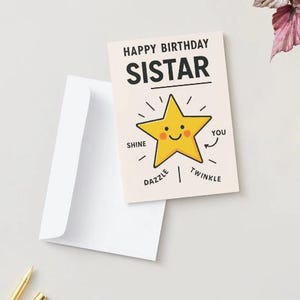Cartão de aniversário engraçado para irmã - Feliz aniversário com estrela amarela sorridente, desejos fofos e bem-humorados de aniversário para irmã