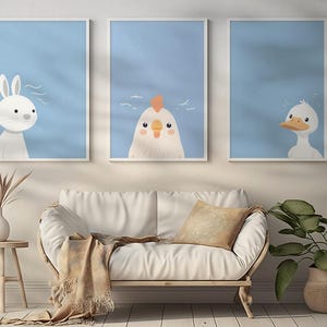 Minimalistisches Kunst Cartoon Tier Set: Kaninchen, Huhn & Ente Digital Download auf blauem Hintergrund - Poster für Kinderzimmer, Wanddeko für die Wand
