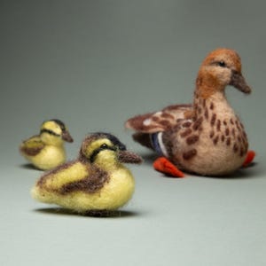 Puede incluir: Una familia de patos de fieltro, con una pata y dos patitos. La pata es marrón con una franja blanca y azul en el ala y patas rojas. Los patitos son amarillos y marrones. Los patos están sobre un fondo verde apagado.