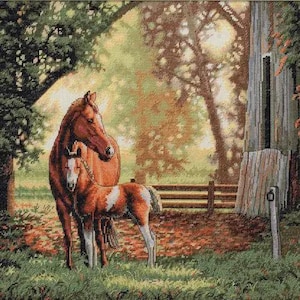 May include: A cross-stitch image depicts a brown horse and foal standing in a grassy field near a wooden fence and barn. The horses have white markings. The background features trees and a soft, natural light.