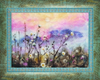 May include: A watercolor painting of a field of wildflowers with a pink and purple sky in the background. The flowers are white and have a soft, fuzzy texture.