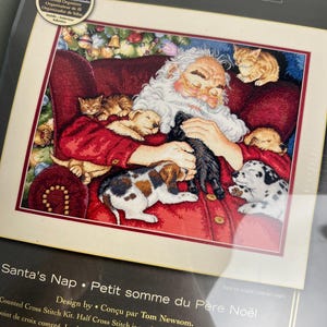Op de afbeelding: Een telpatroon kruissteekpakket getiteld The Gold Collection Santa's Nap met een afbeelding van de Kerstman die in een rode fauteuil slaapt, omringd door verschillende puppy's en kittens. De verpakking bevat een voorgesorteerde garenorganizer.