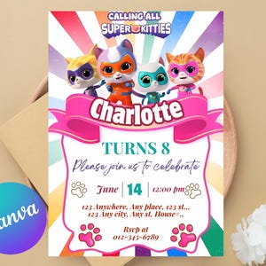 Convite Super Kitty, Aniversário Super Kitty, Modelo de convite para festa Super Kitties, Convite gatinho fofo, Imprimível editável