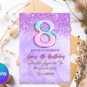 Modelo de convite editável rosa para 8º aniversário com glitter, convite para festa de aniversário com folha de arco-íris, download instantâneo digital para menina de 8 anos