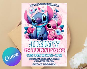 May include: A pink and blue birthday invitation featuring cartoon characters. The invitation includes the text "Join us to Celebrate," "Jimmy is turning 12," and event details. The design incorporates floral and heart accents.