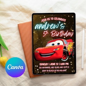 Cars Birthday Invitation | Lightning McQueen Invitation, Kids Birthday Invitation | Editable Personalized Canva Printable Digital Invitation