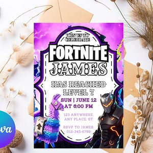Convite de aniversário do jogo Fort Editável Convite de aniversário para download CANVA Modelo de festa de aniversário Cartão de aniversário de videogame Gamer Festa de jogador