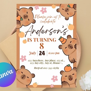 EDITABLE Capybara invitation , Capybara Birthday , Capy Birthday, Kawaii Capybara, Capybara Party Invite, Digital Template, Capybara Cute