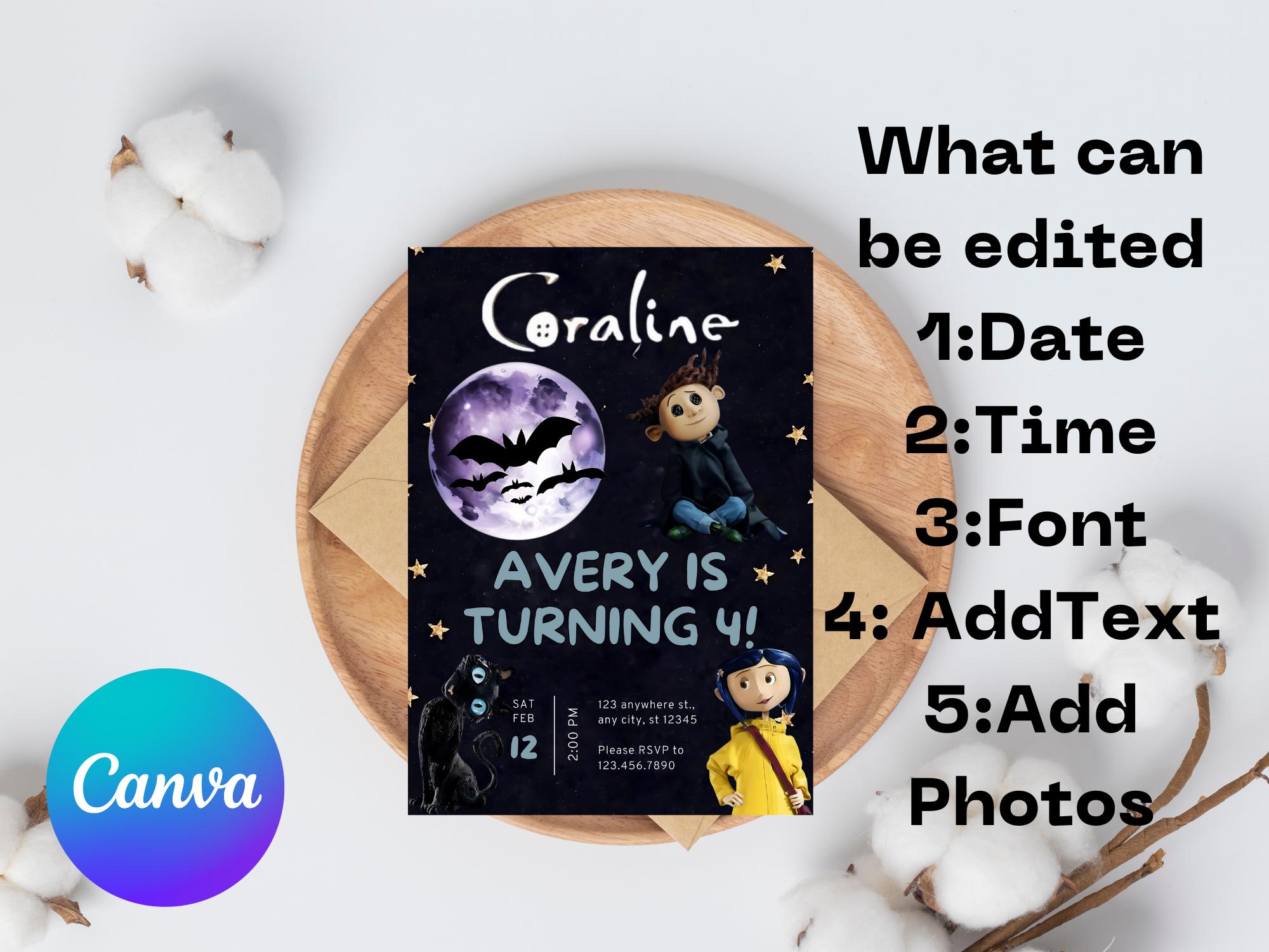 Editable Coraline Invitation Canva, Printable Coraline Birthday ...