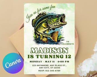 May include: An invitation card with a green and yellow bass illustration. The text reads "Join us for some fun" and "Madison is turning 12". The card includes date, time, and RSVP information.