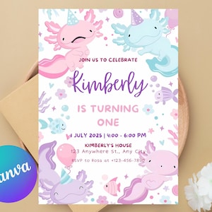 Axolotl Birthday Invitation, Pink Girl Axolotls Invite, Editable Axolotl Birthday Invitation Template, Printable Axolotls Party Invite