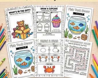 Peut inclure: Un ensemble de 11 feuilles de travail imprimables pour enfants, comprenant des activités de dessin, de coloriage et de labyrinthe. Les pages incluent un guide de dessin de cupcake, un tutoriel de dessin de crabe et une page de coloriage d'aquarium. Le texte en haut dit "11 Printable Worksheets".