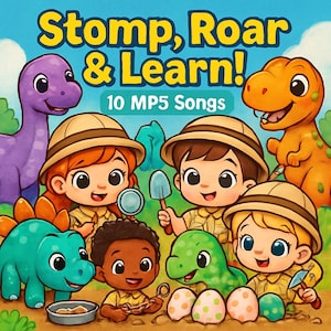 Pode incluir: Uma ilustração colorida intitulada Stomp, Roar & Learn! 10 MP5 Songs apresentando crianças com chapéus de safári explorando com dinossauros. A cena inclui um dinossauro roxo, um T-Rex laranja, um dinossauro azul-petróleo e um dinossauro verde com ovos.
