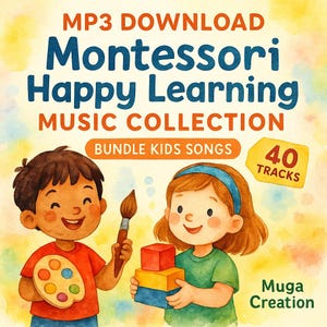 Op de afbeelding: Een aquarel illustratie voor een kinder muziekcollectie. De afbeelding toont twee lachende kinderen, een met een penseel en palet, de ander met kleurrijke blokken. Tekst bevat "MP3 DOWNLOAD Montessori Happy Learning MUSIC COLLECTION" en "BUNDLE KIDS SONGS".
