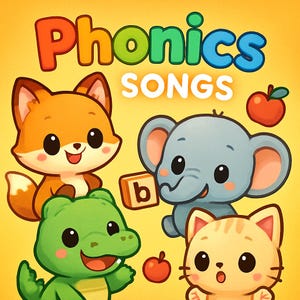 Puede incluir: Un gráfico amarillo con el texto Phonics SONGS, que muestra un zorro naranja, un elefante azul sosteniendo un bloque de madera con la letra b, un cocodrilo verde, un gato naranja claro y dos manzanas rojas sobre un fondo amarillo sólido.