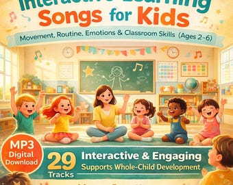 29 canciones interactivas de aprendizaje (mp3) para niños de 2 a 6 años sobre movimiento, rutinas, emociones y habilidades en el aula.